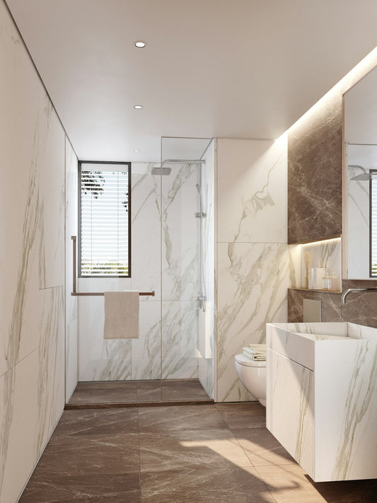 Modern bathroom with marble walls and sleek sink — vessel sink vs wall mount vs drop in basin