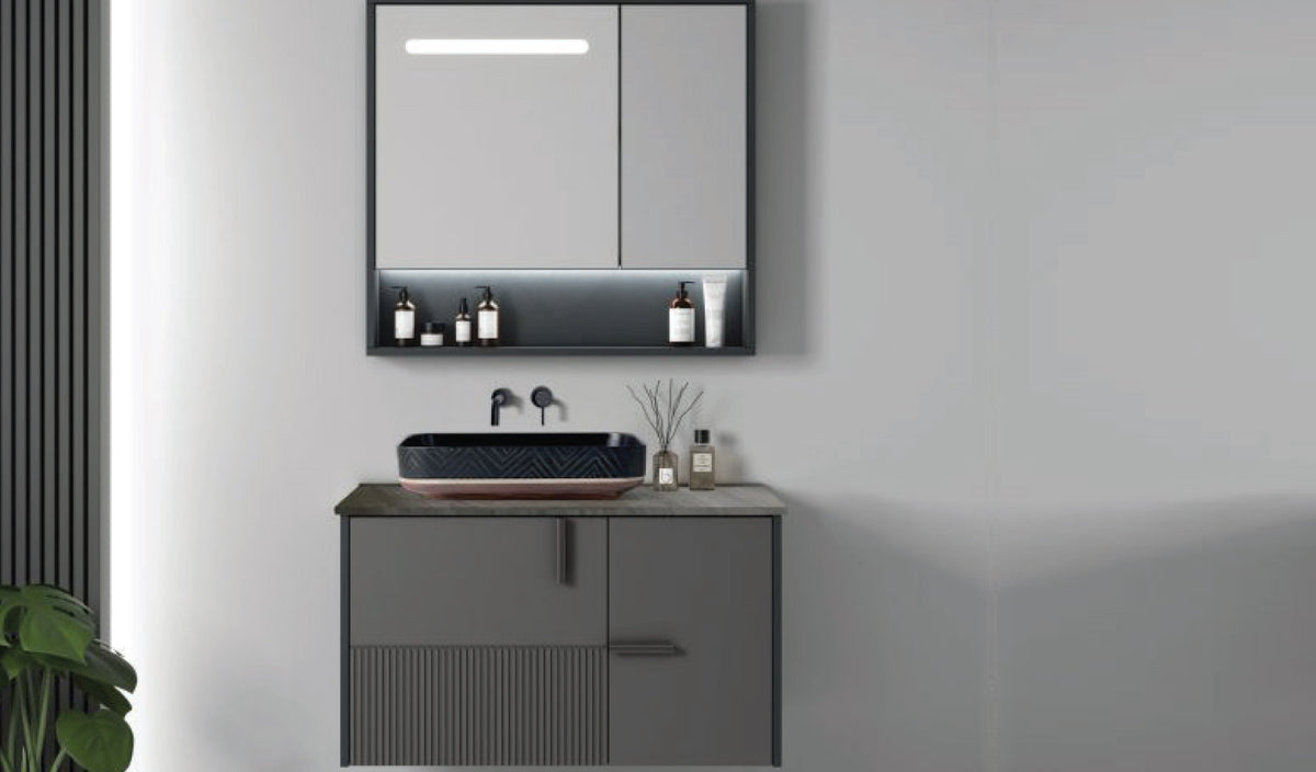 LATEN WITH MIRROR CABINET (SENSOR LED) + RAMSEY MATT BLACK WASHBASIN | Mozio