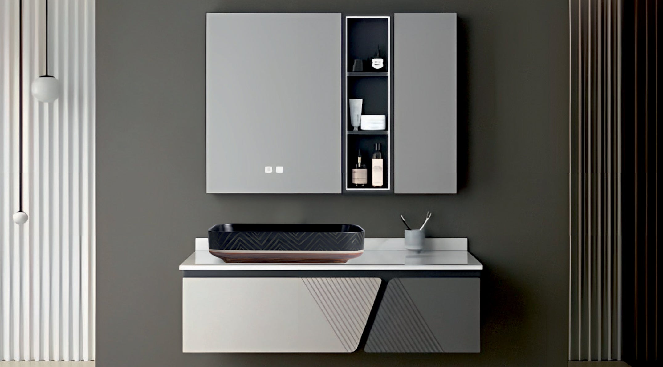 LIZA with Mirror Cabinet (LED) + RAMSEYMATTBLACKWASHBASIN | Mozio